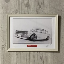 日産 NISSAN スカイライン ハコスカ GTR 4ドア 前期 フロント【鉛筆画】名車 旧車 イラスト A4サイズ 額付き サイン入り_画像6