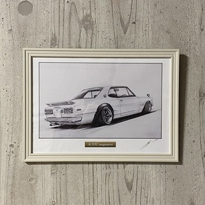 日産 NISSAN スカイライン （ハコスカ） GTR 2ドア リアサイド【鉛筆画】名車 旧車 イラスト A4サイズ 額付き サイン入りの画像6