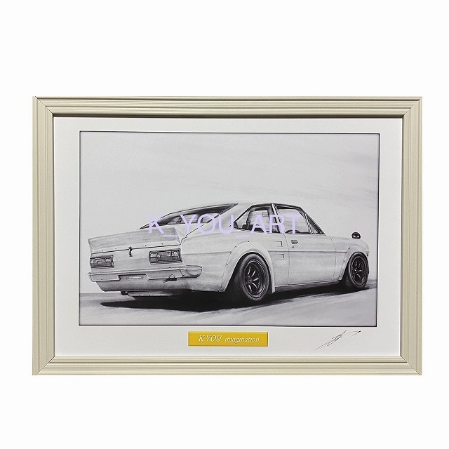 日産 NISSAN B110サニーワークス【鉛筆画】名車 旧車 イラスト A4サイズ 額付き サイン入り, 美術品, 絵画, 鉛筆画, 木炭画