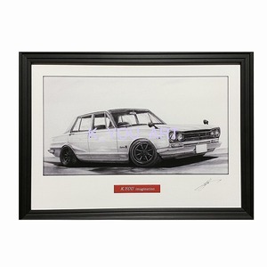 Art hand Auction NISSAN 스카이라인 하코스카 GTR 4 도어 레이트 프론트 [연필화] 명차 구차 일러스트 A4 사이즈 액자 사인 있음, 삽화, 그림, 연필 그림, 목탄화