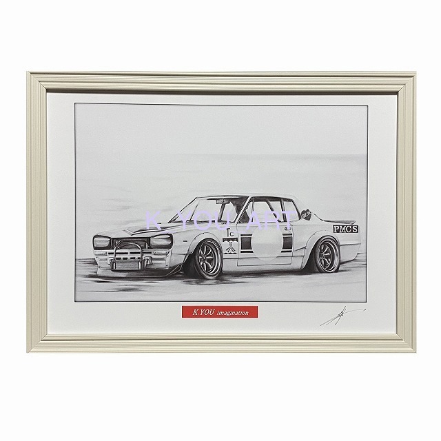 Nissan NISSAN Skyline Hakosuka Racing [Pencil drawing] Famous car, classic car, illustration, A4 size, framed, signed, Artwork, Painting, Pencil drawing, Charcoal drawing