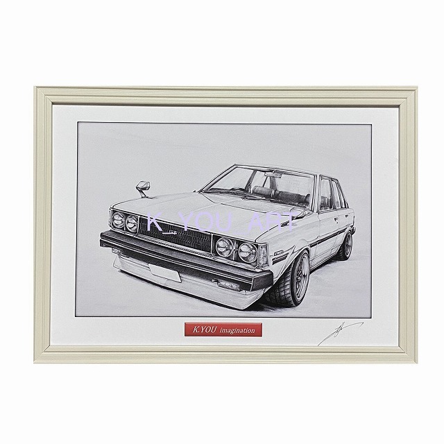 Toyota TOYOTA TE71 Corolla sedan [Pencil drawing] Famous car Old car illustration A4 size Framed Signed, artwork, painting, pencil drawing, charcoal drawing
