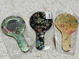  satin hand-mirror floral print black, yellow, yellow green 3 pieces set 