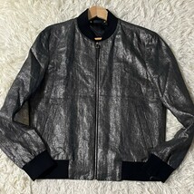 極美品/XLサイズ●ポールスミス ジャケット ライダース ブルゾン Paul Smith 麻 リネン100 シルバー 光沢 フェイクレザー ロゴ刻印ジップ_画像2