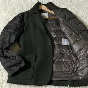 極美品/Lサイズ相当●モンクレール MONCLER ダウン テーラード ジャケット 紳士 極暖◎ グリーン 秋冬 ドライバーズニット エルボーパッチ