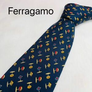 Ferragamo Ferragamo necktie high brand navy total pattern high class silk 100%