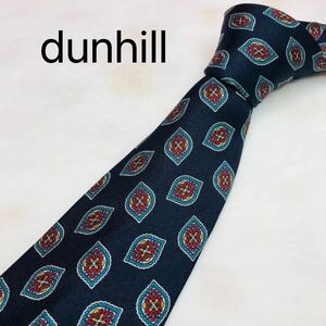 dunhillダンヒル　ネクタイ　ハイブランド　ネイビー総柄　高級シルク100%