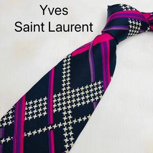 Yves Saint Laurent ネクタイ　ハイブランド　ピンクチェック柄　高級シルク100%