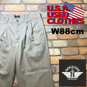 BP2-412★W88センチ位★格安★US古着★旧ロゴ【DOCKERS ドッカーズ】2タック ツイルパンツ【W34×L30 メンズ L】濃ベージュ USA古着 ワーク