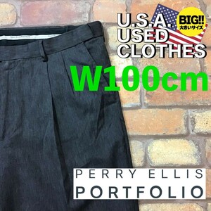 BP2-627★W100センチ位★海外BIGサイズ★少し訳あり★【PERRY ELLIS】2タック スラックス【W38 メンズ XL】チャコールグレー 古着 ゴルフ