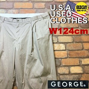 BP2-364★W124センチ位★稀少サイズ・状態良好★【GEORGE】2タック ワイドスラックス【W48×L30 メンズ 3XL】ベージュ USA古着 ゴルフ