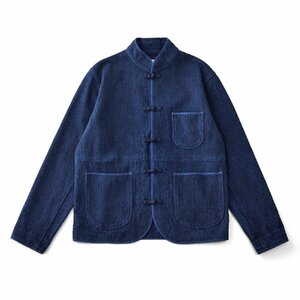 レトロ 藍染 17oz 刺し子 天然インディゴ ワークジャケット sashiko indigo ボタン ループ ブレザー 綿100% 厚手 濃紺 XL