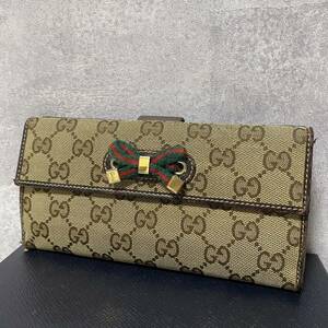 1円 GUCCI グッチ 長財布 ロングウォレット キャンバス GG柄 シェリーライン 金具 レザー ブラウン系