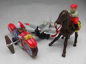 ◆◇MOTOR-CYCLE ゼンマイ式ターンアクション DERBY CHALLENGER シルバーミニ零戦 ゼンマイ ブリキ 玩具 昭和レトロ 当時物 3点 まとめ◇◆