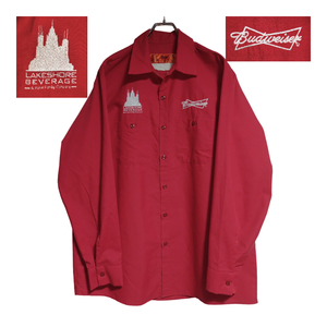 RED KAP 長袖ワークシャツ size L レッド ゆうパケットポスト可 胸 背中 ロゴ 刺繍 Budweiser 古着 洗濯 プレス済 a51