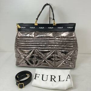 ★81893　美品　FURLA　フルラ　2WAY　ハンドバッグ　トートバッグ　ショルダー　ゴールド　レディース　ナイロン　1円～★