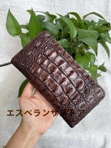 [エスペランザストア]クロコダイル ワニ革本物 本革 男女兼用 長財布 貴重な一枚革 カードケース 小銭入れ ラウンドファスナー ブラウン