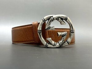 希少レア！極美品 GUCCI GGダブル インターロッキング バックル レザーベルト ブラウン 114868 80/32 幅40mm シルバー金具 メンズ 質セブン