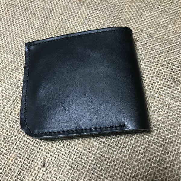 【ハンドメイド作品】牛革良質シンプル二つ折り純札財布 ペタンコ財布　ブラック 