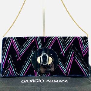 1円【未使用保管品】GIORGIO ARMANI ジョルジオアルマーニ ショルダーバッグ パーティーバッグ チェーン 2way ラインストーン イタリア製