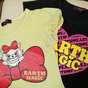 アースマジック EARTHMAGIC リトルアンデルセン 半袖Tシャツ カラシ色（マスタード） ピンキー パフスリーブ 黒 ロゴ 160 2枚セット 