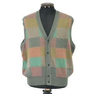 ダンヒル/Dunhill sport★ウール/ニットベスト【メンズL/暖色系チェック柄/green】ゴルフウェア/Tops/vest/sweater/cardigan◆pBH383