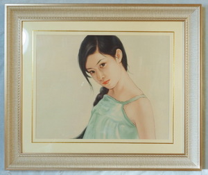 ◎　陳 淑芬（チェン・シュウフェン）　人物画　少女　F6号／紙本　額縁あり　中古画作　台湾　◎