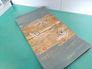 ● A51229【鶴 螺鈿】らでん 金糸 桜 松 菊 高級 袋帯 六通 正絹 帯 縁起物 中古 ③