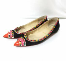 良品 Christian Louboutin クリスチャンルブタン スエード スタッズ ポインテッドトゥ フラット パンプス 37.5 約24㎝ マルチカラー 115_画像1