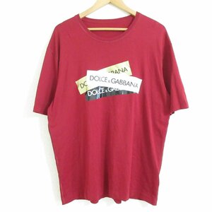 美品 DOLCE&GABBANA ドルチェ&ガッバーナ ロゴテープ プリント 半袖 クルーネック Tシャツ カットソー 52 レッド系