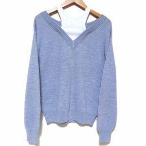  beautiful goods ALEXANDERWANG.T Alexander one V neck off shoulder Layered design knitted sweater XS size blue × white 