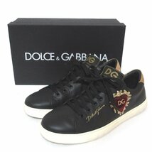 美品 DOLCE&GABBANA ドルチェ&ガッバーナ ベロアハートワッペン レザー ローカット スニーカー シューズ CK0167 40 25cm相当 ブラック_画像7