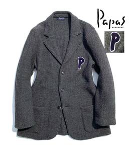 極美品【定価7万超】Papas + パパス プラス ウールボア テーラードジャケット S メンズ【Pロゴ サガラ刺繍ワッペン】日本製 着心地抜群