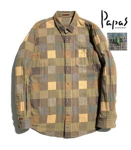 最高級【定価3万超】Papas パパス パッチワーク 長袖シャツ L (50) チェック【ロゴ刺繍】厚手コットン 日本製 メンズ 送料520円