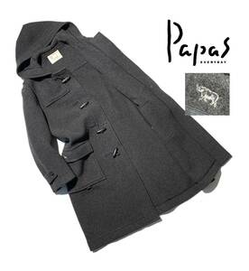 美品【定価12万】Papas パパス ロング ダッフルコート M(L相当) ウールメルトン サイロゴ刺繍【保温性抜群】メンズ トグル ロゴ刻印 フード