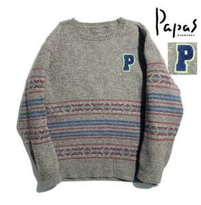 最高級【定価5万】Papas パパス フェアアイル柄 クルーネック ニット L (50) セーター Pロゴ サガラ刺繍ワッペン 日本製 メンズ 保温性抜群