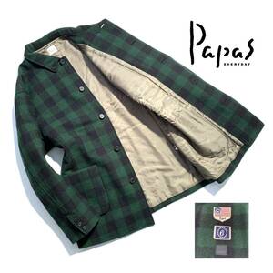 最高級【定価6万】Papas パパス ウールメルトン ジャケット L バッファローチェック【ロゴワッペン】カバーオール メンズ 日本製 中綿