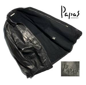 最高級【定価20万】Papas パパス レザージャケット ハーフコート L メンズ ロゴ刺繍 羊革【裏地カシミヤ】黒 しなやかな革質 日本製