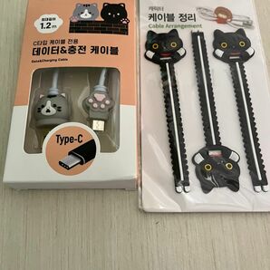 サバトラ 猫ちゃん タイプC 充電ケーブル & 黒猫 ケーブルホルダー セット セット売り 猫グッズ スマホグッズ 韓国限定