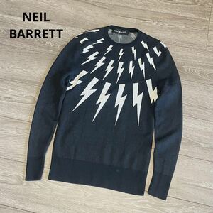 133 極美品 NEIL BARRETT ニールバレット ニット 薄手 ブラック XSサイズ クルーネック サンダーボルト セーター トップス オフホワイト