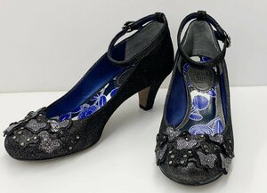 [rmm] ANNA SUI アナスイ 蝶モチーフ ラメ ヒール パンプス 靴 シューズ 黒 ブラック 23.5cm S1658 M