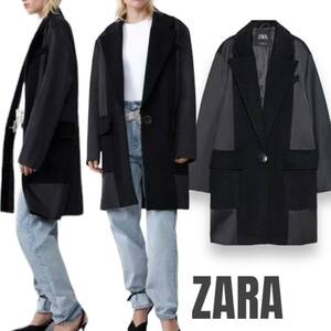 ZARA ザラ　ウールコート　サテン切り替え　ジャコット　ロングテーラード　美品 コート　ロングコート　ブラック　異素材