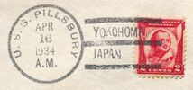 【パクボー!!】47 米2C貼りカバー米宛 米船内印・USS PILLSBURY/YOKOHAMA JAPAN/APR.16.1934_画像2