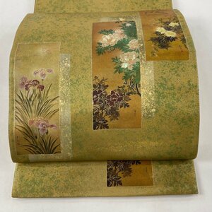 袋帯 秀品 短冊 草花 箔 螺鈿 茶緑色 お太鼓柄 正絹 【中古】