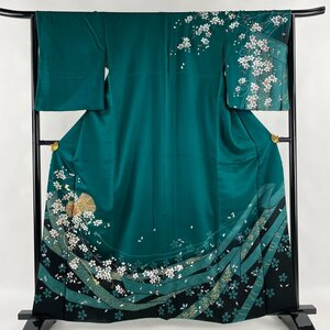 訪問着 身丈160cm 裄丈65cm M 袷 やまと 鼓 桜 金彩 ぼかし 緑 正絹 秀品 【中古】