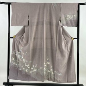 訪問着 身丈151cm 裄丈62.5cm S 袷 落款 草花 シルエット 灰紫 正絹 優品 【中古】