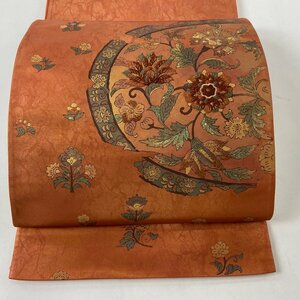 袋帯 美品 秀品 花唐草 草花 刺繍 箔 サーモンピンク お太鼓柄 正絹 【中古】