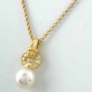 ミキモト MIKIMOTO パール デザインネックレス K18 イエローゴールド メレダイヤ 真珠 ペンダント YG パール ダイヤモンド レディース 中古