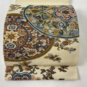 袋帯 逸品 草花 鳥 金銀糸 ベージュ お太鼓柄 正絹 【中古】