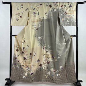 訪問着 身丈162cm 裄丈65cm M 袷 市川団十郎 落款 立花 蝶 染分け 金彩 クリーム 正絹 名品 【中古】